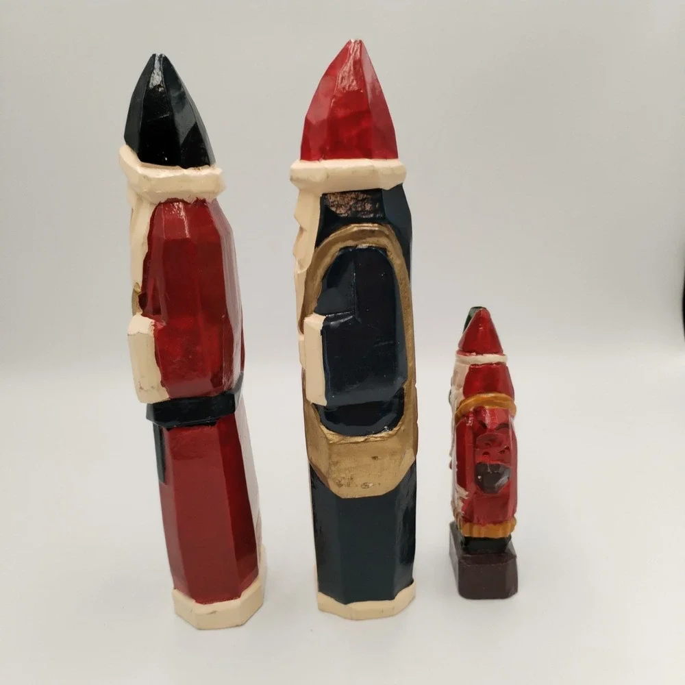 Vtg Hand Carved Wood Santa Claus Figures Lot 3 Folk Art Hand Painted Christmas